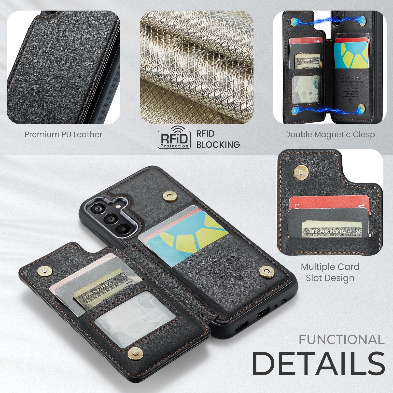 For Samsung Galaxy A16 5G / A16 4G Case CASEME C22 Series Leather+TPU Cover RFID Blocking 5 Card Slots - Black For Samsung Galaxy A16 5G / A16 4G Case CASEME C22 Series Leather+TPU Cover RFID Blocking 5 Card Slots - Black